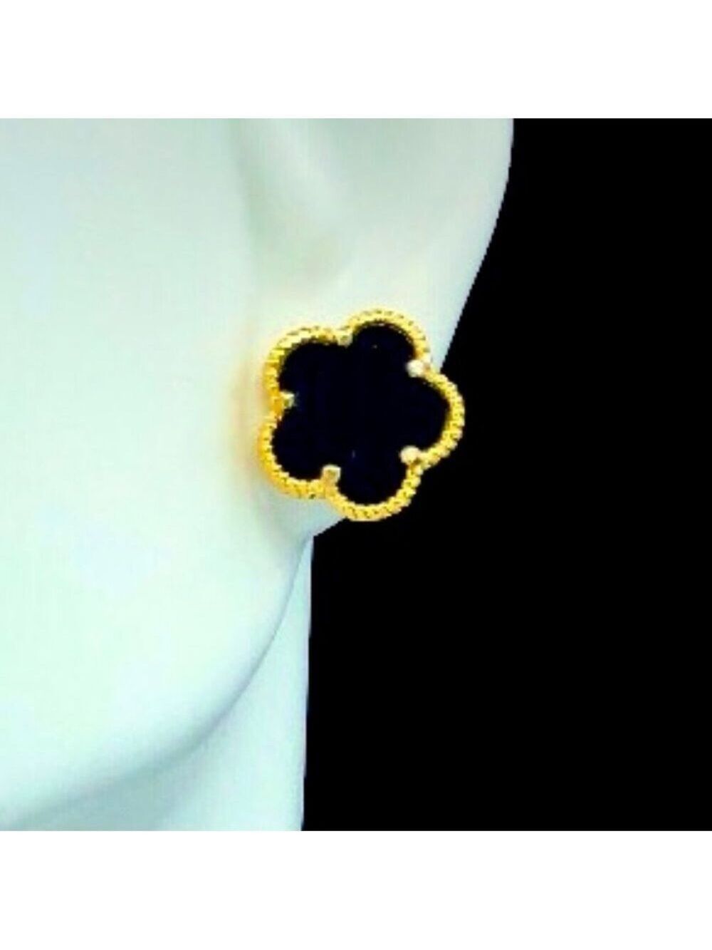 Clover 5 Leave Stud Earrings 18k GP 925 Sterling Silver / Black Onyx - Picture 6 of 6
